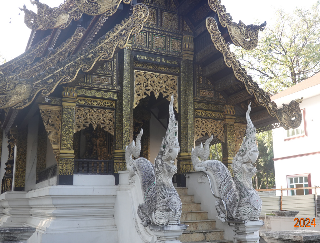 Small viharn, naga guardians on stairway, Wat Jed Yod, Chiang Mai, Thailand