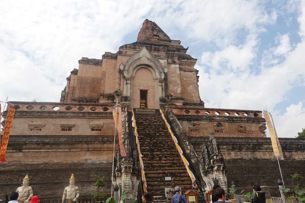 View of large historic chedi looking west at Wat Chedi Luang, Chiang Mai, Thailand