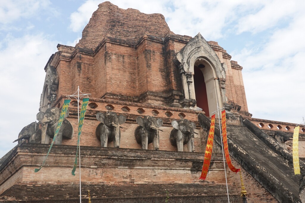 View of large chedi from the south at Wat Chedi Luang, Chiang Mai, Thailand